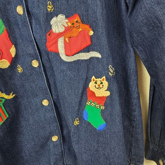 Westbound Denim Christmas Cat Lady Kittens Embroidered Shirt Button Up 90s M - Picture 7 of 13
